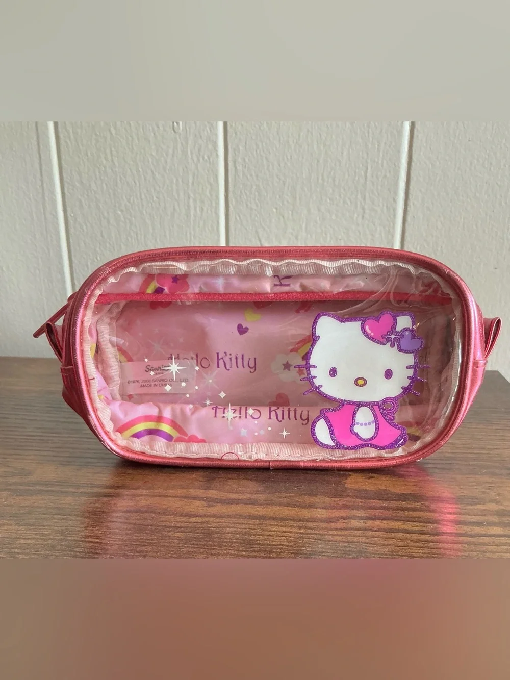 Vintage 2008 Sanrio Hello Kitty Clear Vinyl Pencil Case Cosmetic Pouch Pink Y2K